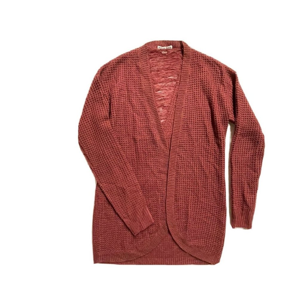 Moral Fiber Women's Cardigan Medium Burgundy Open Front Waffle Knit Long Sleeve